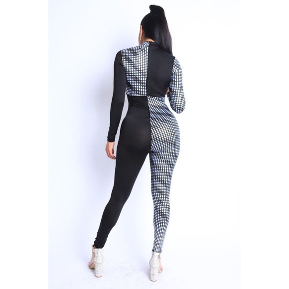 Women's Mosaic Colorblock Tie Detailed Jumpsuit Party Club Lounge Jumpsuit - Picture 9 of 13
